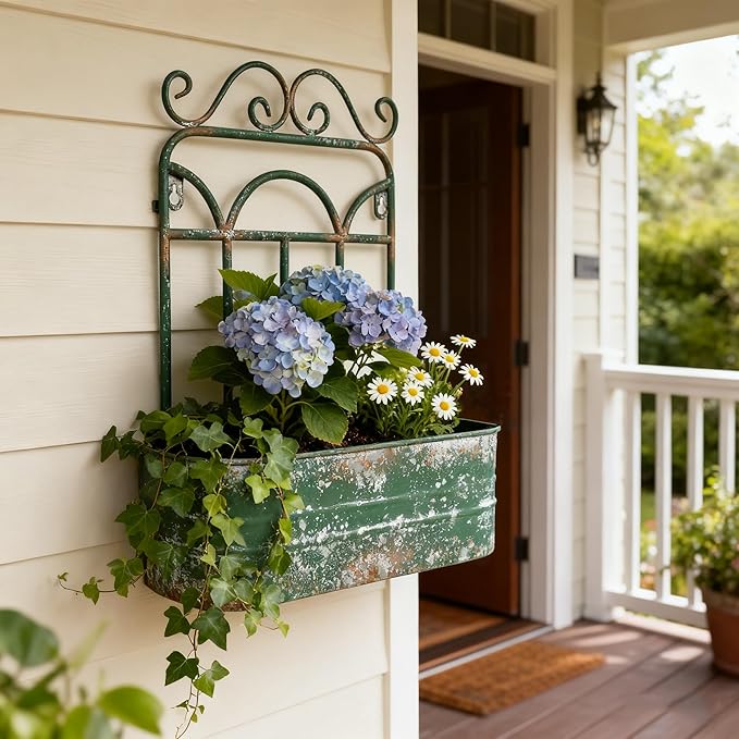 Rustic Metal Wall Planter Country Garden Wall Hanging Mount Vase Pocket Outdoor Vintage Hanging Pot Farmhouse Wall Decor for Plants Flowers (Green)