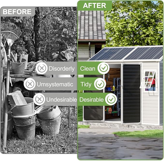 8x6x7 FT Resin Storage Shed, Waterproof Outdoor Storage Shed w/Floor, 2 Adjustable Openable Windows, Double Lockable Doors & Vents, Tool Shed for Patio Garden, Lawn, Backyard, Gray