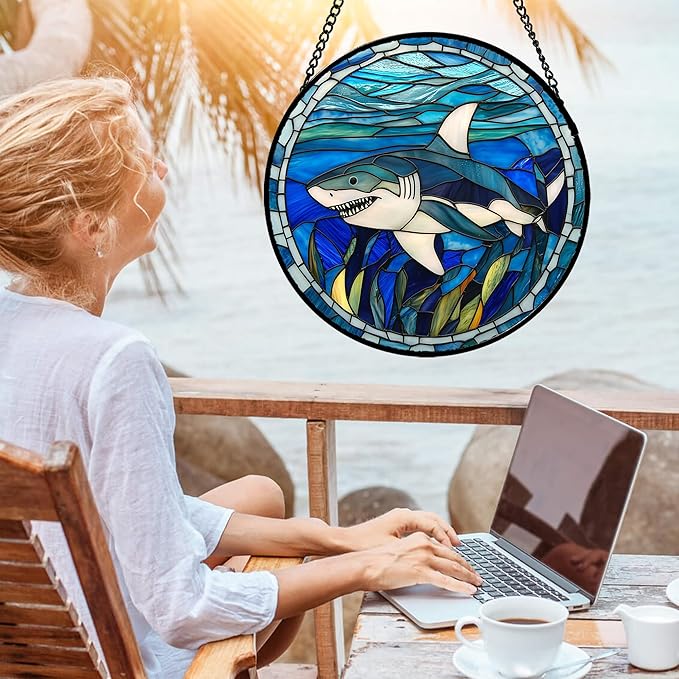 Stained Glass Suncatcher, Blue Ocean Big Shark Sun Catcher Waterweed Stain Glass Window Hanging Decoration Mother's Day Birthday Gifts for Women Men Mom Nana 7.8 in