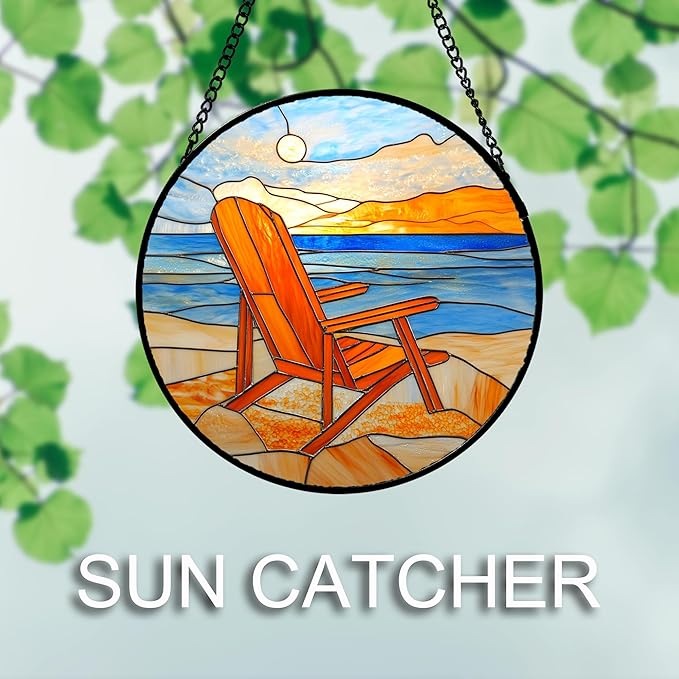 Stained Glass Window Hanging 4 Pcs Set Blue Orange Ocean Beach Theme 6.3" - Suncatcher Door Garden Sun Catcher Decor Birthday Christmas for Mom Woman Nana Men Wife