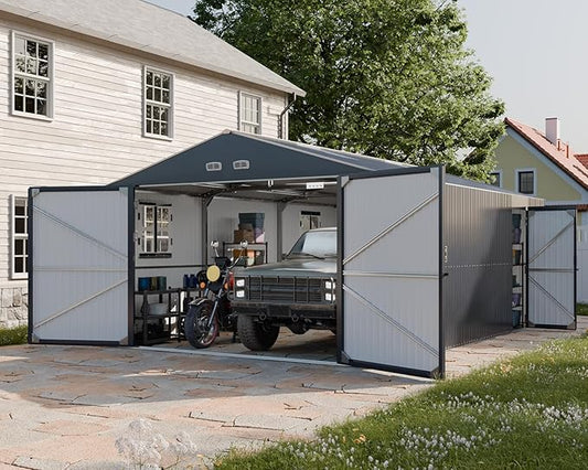 Metal Garage Shed, 13x20x8.5' Large Outdoor Storage Building and Workshop, Weatherproof Steel Carport with Ultra-Reinforced Truss System, Skylights Dual-Entry