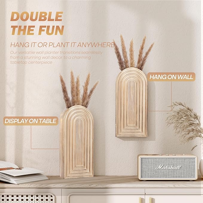 EOSAHR Pine Wood Set of 2 Wall Vases – Farmhouse Wall Decor for Bedroom, Living Room, Bathroom & Office – Hanging Planters for Indoor Plants with Best Boho Decor (Natural Wood)