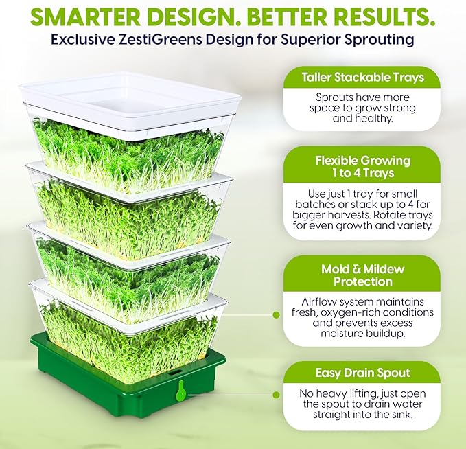 ZESTIGREENS 4-Tier Sprouting Kit with Drain Spout – Stackable Seed Sprouter Trays for Growing Fresh Sprouts at Home – BPA-Free, Easy Rinse & Drain System