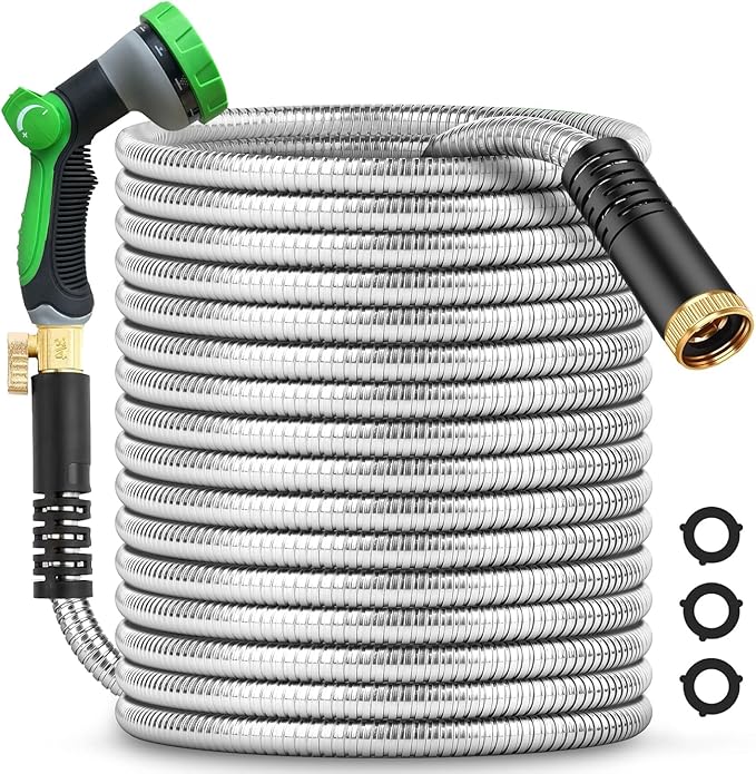 100Ft Metal Garden Hose durable stainless steel Water Hose, flexible, lightweight hose is resistant to kinks and tangles.With 10-way nozzle, strong 3/4” metal fittings, and a shut-off valve.