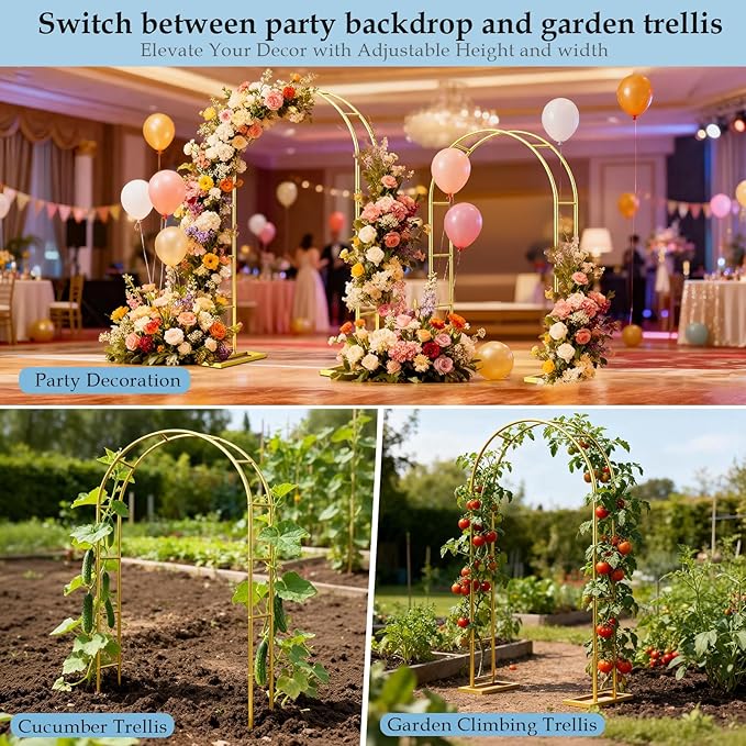 7.2FT 6FT Wedding Arch Backdrop Stand Set of 2,Metal Gold Garden Arch Trellis for climbing Plants Outdoor for Flower Arch Archway,Balloon Arch kit Stand for Party Event Background Decoration