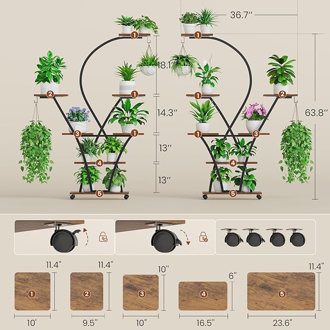 Itaar Plant Stand Indoor with Grow Light, 2-Pack 64" Tall Plant Shelf, 7 Tiered Corner Plant Stand with Wheels, Large Plant Rack Display Shelves, Curved Plant Holder for Living Room, Rustic Brown