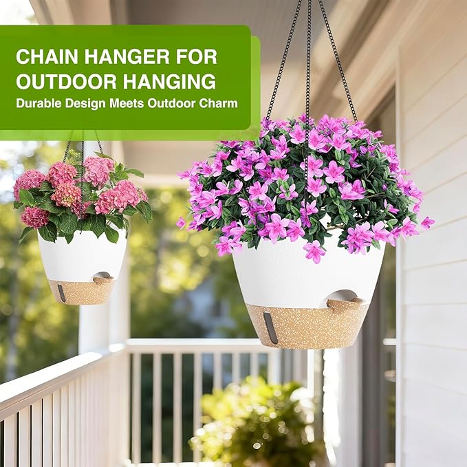 Set of 2 Hanging Planters for Indoor Plants with Self Watering Includes Hanging Pots and 2 Types Plant Hangers, Outdoor Hanging Baskets Holder for Home Garden, 10 Inch Oyster White