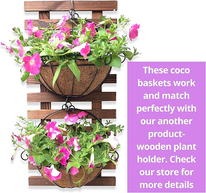 Shoplala Wall Hanging Planter for Outdoor (2 Pack, 10 Inch) Black Metal Hanging Flower Basket for Plants, Wall Planters with Coco Liner Indoor Wall Mounted Plant Holder Outside Balcony Fence Rail Deck