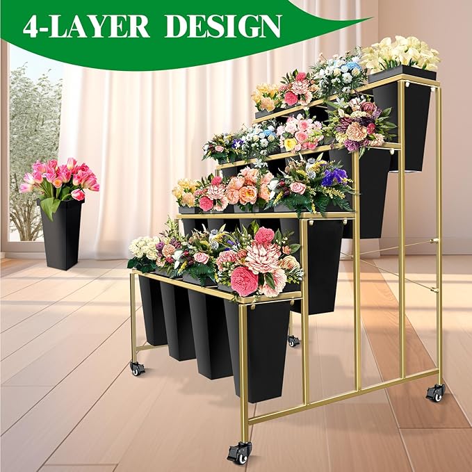 Flower Display Stand with Buckets, 4 Layers 16PCS Buckets Metal Flower Cart Display Stand with Wheels, for Patio Garden, Living Room (4 Layers Black Square Bucket)