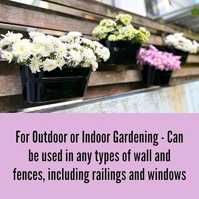 LaLaGreen Outdoor Plants Rail Planter (11.2 Inch, 12 Pack) Black Metal Iron Hanging Flower Pots Deck Railings Fence Buckets Modern Boho Style Wall Mount Window Box Plant Holder Hooks Porch Home Decor