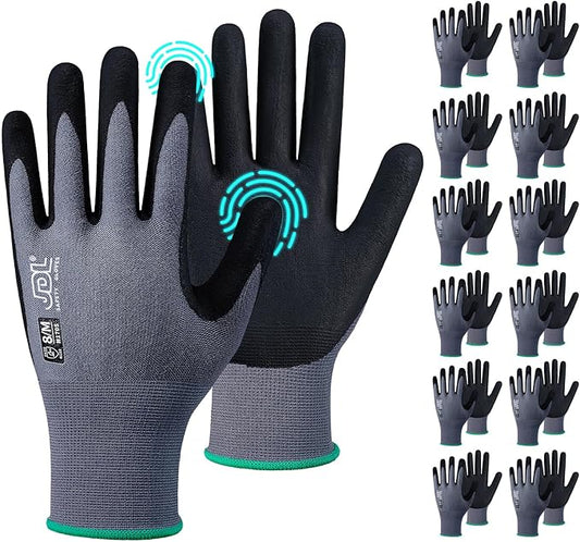 JDL Safety Work Gloves MicroFoam Nitrile Coated 12 Pairs, Seamless Knit Nylon Gloves with Touchscreen Fingers, Non-slip Working Glove for Women Men, Ideal for Gardening, General Purpose, Grey, X-Large