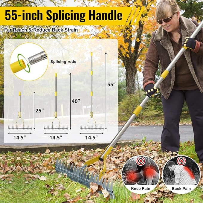 Garden Leaf Rake: Dual Function Thatching Rake for Lawn Dead Grass Leaves, Stainless Steel Heavy Duty 69” Lawn Dethatcher with Sharp 19 Tines, Fast Weeds, Leaf, Thatch, Dead Grass Removal Garden Tool
