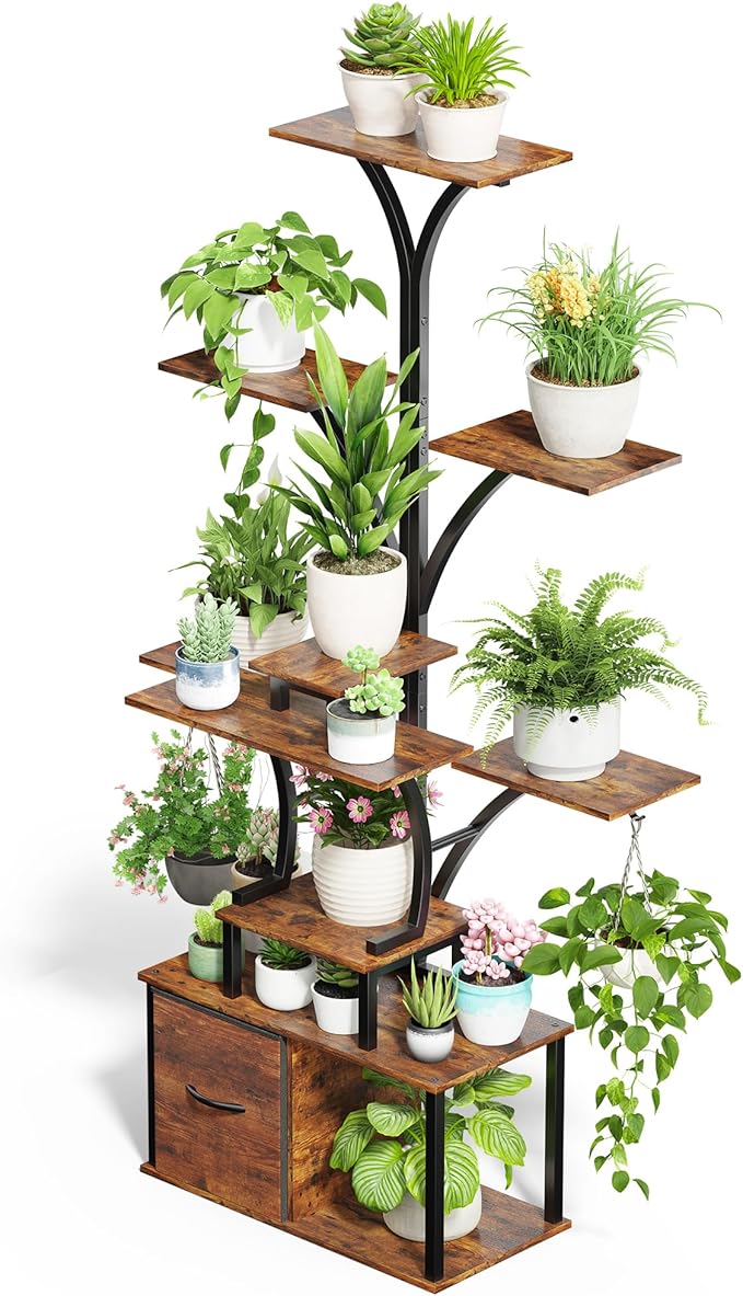 Tree-shaped 63" Tall Plant Stand Indoor with Grow Light 3 Color Modes - 10 Tiered Plant Shelf with Drawer, 10 Brightness Levels, Timer, Wide Base, Lighted Corner Plant Stands for Living Room, Balcony