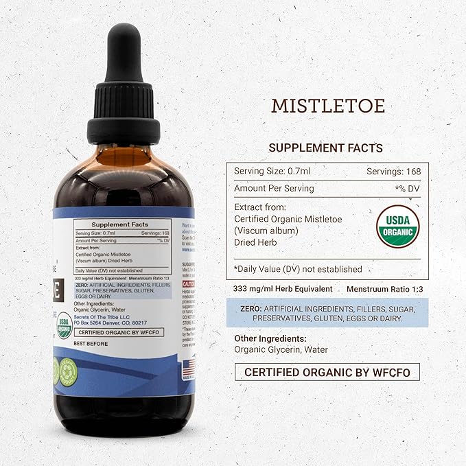 Secrets of the Tribe Mistletoe USDA Organic | Alcohol-Free Extract, High-Potency Herbal Drops | Made from 100% Certified Organic Mistletoe (Viscum Album) Dried Herb (4 oz)