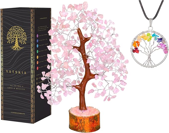 YATSKIA Rose Quartz Crystal Tree - Bonsai Tree of Life - Pink Room Decor - Desk Decorations for Women Office - Gemstones and Crystals - Stones and Crystals