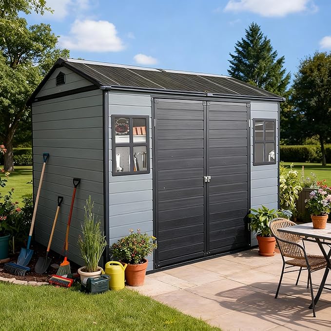 8x6 FT Resin Storage Sheds Outdoor with Floor Included, Plastic Sheds & Outdoor Storage Clearance with 2 Windows and Lockable Door, Backyard Storage Sheds for Garden Tools, Bike, Black+Grey