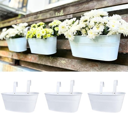 LaLaGreen Rail Planter Outdoor Plant (3 Pack, 11.8 Inch) White Metal Iron Hanging Flower Pot Deck Railings Fence Buckets Modern Countryside Boho Style Wall Mount Window Box Holder Hooks Porch Decor