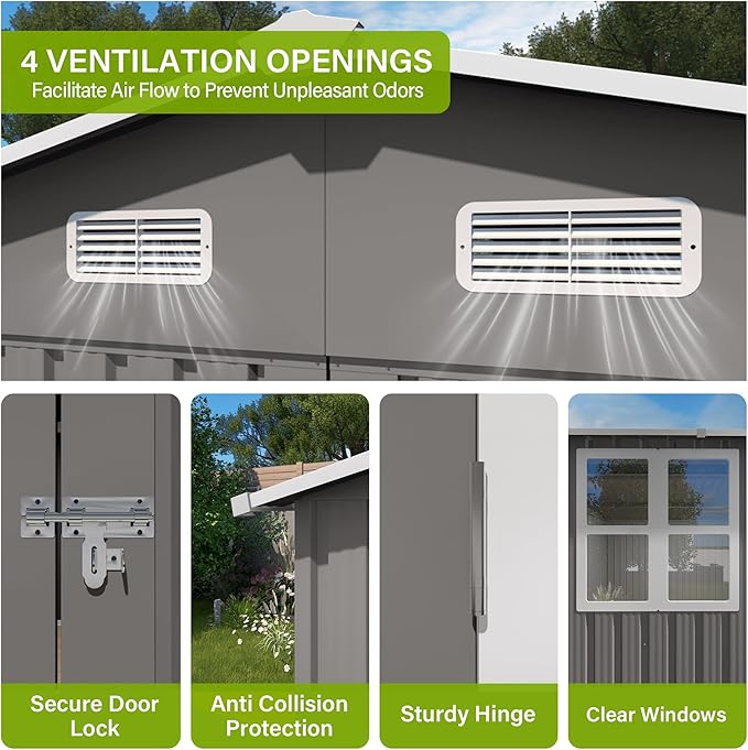 10x14 FT Outdoor Storage Shed,Metal Shed W/ 3 Lockable Doors & Window,Garden Tool House W/ 4 Air Vents & Sloped Roof,All Weather Waterproof for Backyard,Patio,Lawn,Grey