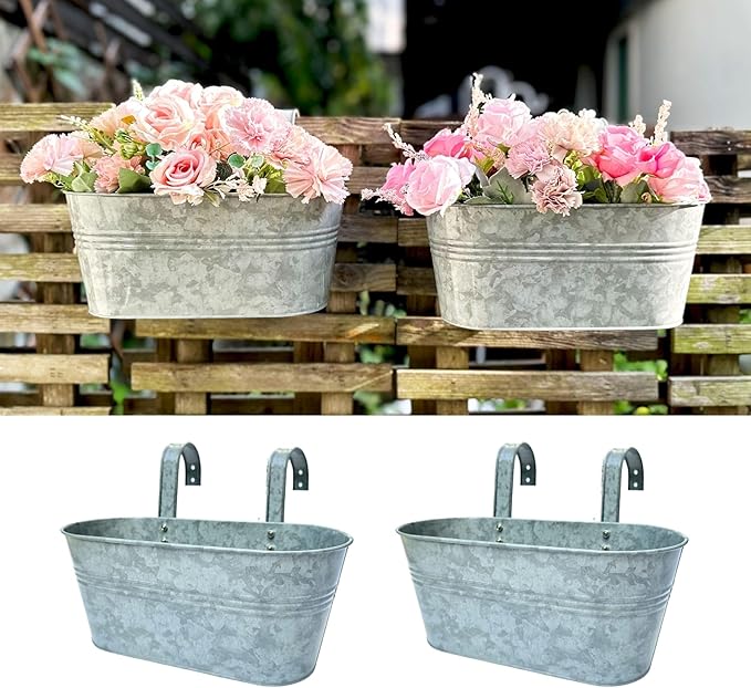 LaLaGreen Outdoor Rail Planter (11.2 Inch, 2 Pack) Silver Metal Iron Hanging Flower Pots Deck Railings Fence Buckets Modern Countryside Boho Style Wall Mount Window Box Plant Holder Hooks Porch Decor