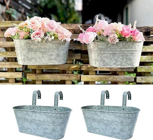 LaLaGreen Outdoor Rail Planter (11.2 Inch, 2 Pack) Silver Metal Iron Hanging Flower Pots Deck Railings Fence Buckets Modern Countryside Boho Style Wall Mount Window Box Plant Holder Hooks Porch Decor