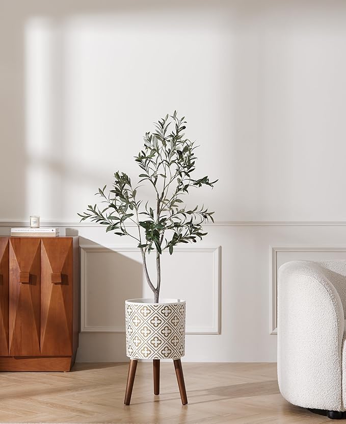 naclto 10 Inch Planter with Stand, Plant Pot for Indoor Plants, Large Modern Flower Pots Indoor Outdoor with Drainage for Home Garden Patio, White ＆ Gold