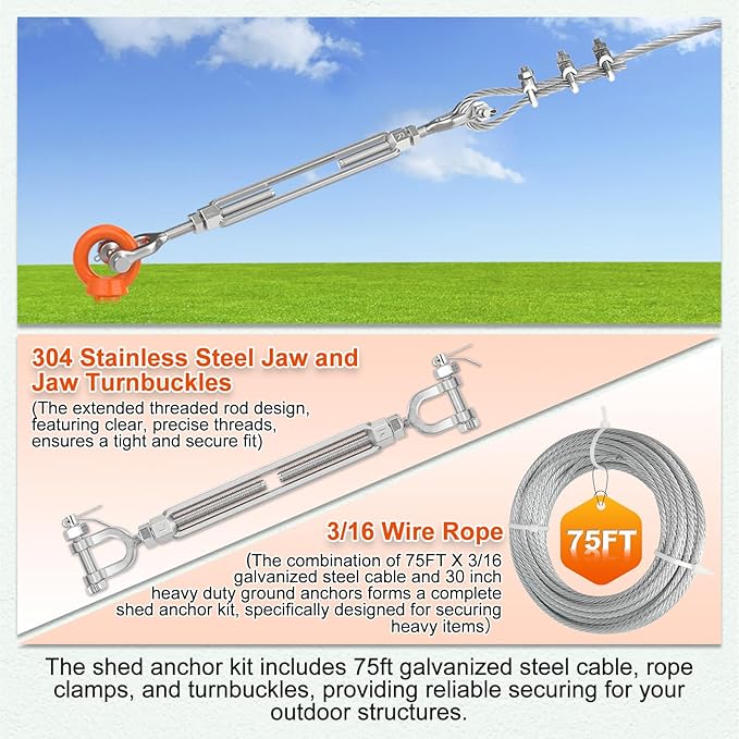 30" Ground Anchors Shed Anchors Kit with 3/16" 75FT Galvanized Cable & M6 304 Stainless Steel Turnbuckles, Heavy Duty Earth Anchors for Sheds Trees Trampoline Greenhouse Swing Set Tent, 4Pack Orange