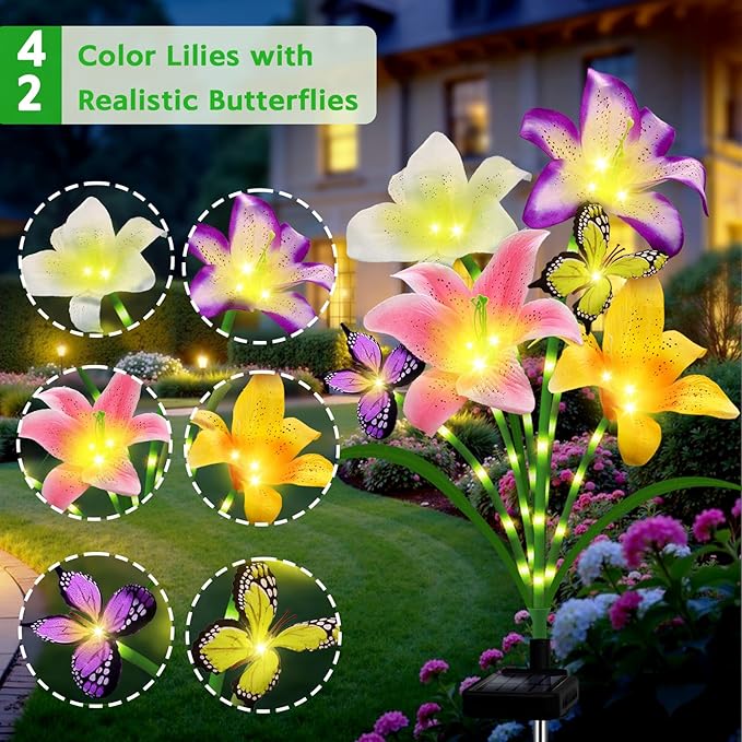 Solar Garden Lights 4 Pack 16 Lily Flowers with Butterfly Decor, Christmas Birthday Gifts Solar Flower Lights for Outside,Cemetery Flowers for Grave - Decorative Lilies for Yard, Patio, Pathway
