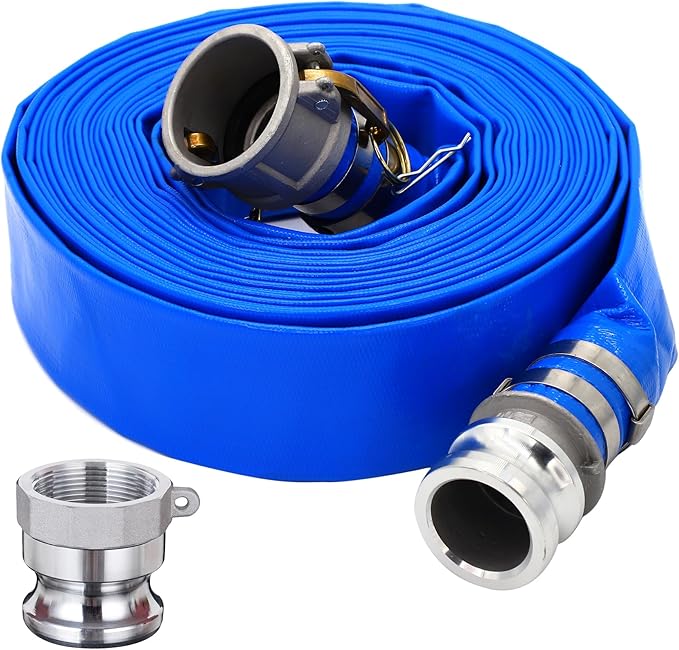 DAVCO 3" ID × 50 ft PVC Lay Flat Discharge Hose, Heavy Duty Reinforced Blue Pool Backwash Hoses For Swimming Drain Pools, with Aluminum Camlock C and E Fittings, Cam Lock Fitting Type A included