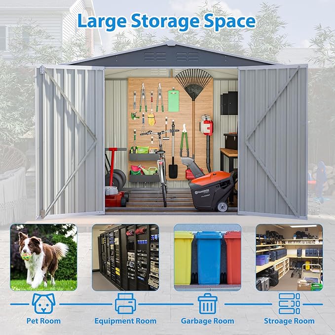 8x6 ft Outdoor Waterproof Metal Storage Shed with Foundation Floor Frame, Lockable Hinged Doors & Air Vents, All Weather Garden Tool Shed for Backyard Lawn, Galvanized Steel - Grey