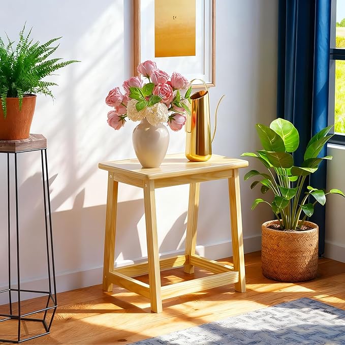 Wood End Table Side Table Tall Seat Stool Dining Stool Wooden Plant Stand Indoor Bedside Table Nightstand Plant Table Bathroom Flower Pot Stand for Living Room Bedroom Kitchen (Natural)