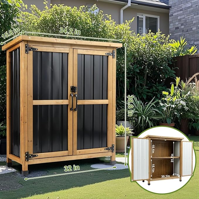 Small Outdoor Storage Cabinet Waterproof, Wood & Metal Storage Shed with Lockable Doors & Adjustable Shelves, Vertical Outdoor Cabinets for Patio Backyard,Garden Tool Shed and Accessories, Brown