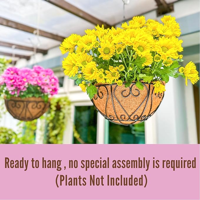 LaLaGreen Hanging Baskets for Plants (14 Inch, 4 Pack) Hanging Flower Pots with Coco Liner, Black Metal Wire Round Basket Plant Holder with Hanger Hook Chain, Outdoor Patio Deck Balcony Garden Decor