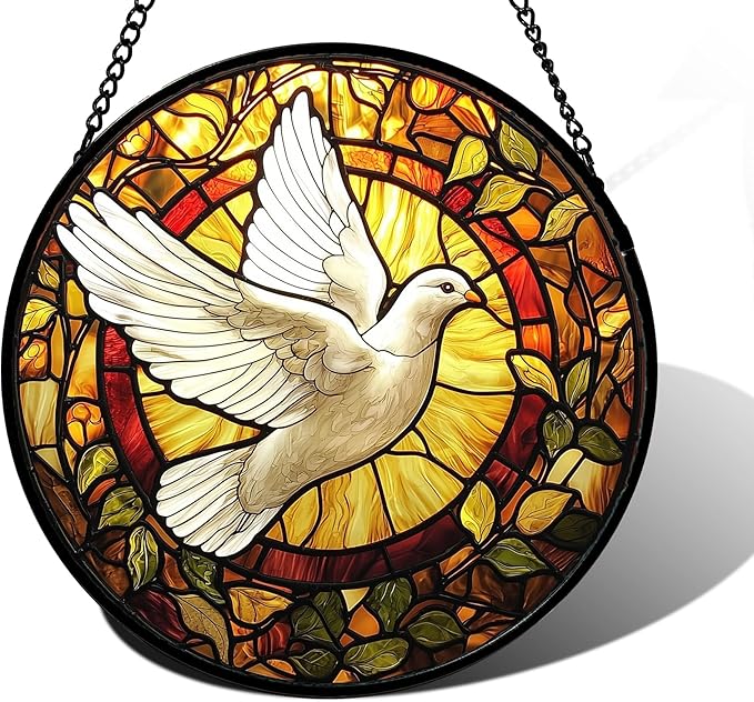 Stained Glass Window Hanging, Flying White Dove Sun Catchers Diamond Glass Panel Hangings Cute Birds Suncatcher Decor for Birthday for Women, Men, Wife, Aunt, and Mom 9.8X9.8 in
