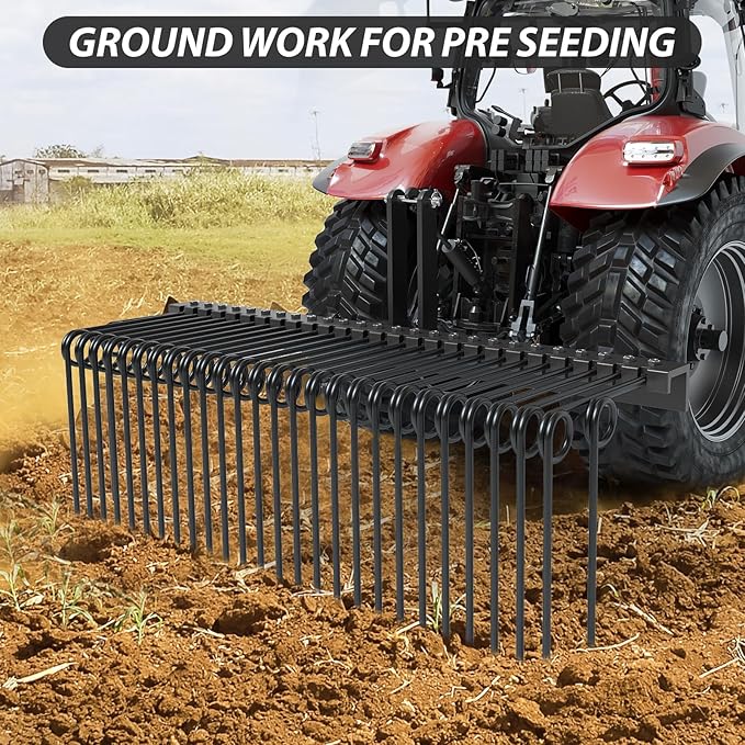 60 in Pine Straw Needle Rake, 3 Point Landscape Rake, Powder Coated Steel Spring Tow Behind Rakes, Tractor Attachments for Leaves Straw Grass Attach to Cat 0 Cat 1, Black