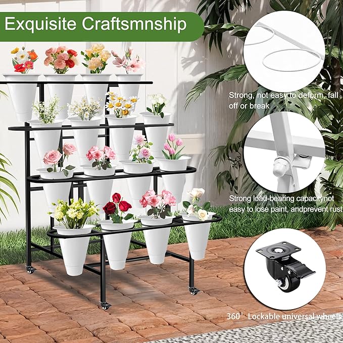Floral Display Stand with 16 White Flower Baskets, 4-Layers Cart Display Stand with Wheels ,Sturdy Mobile Flower Bouquet Rack for Courtyard, Garden, Flower Shop, with Lockable Rotating Wheels .