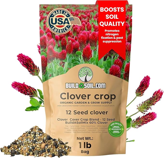 BuildASoil No-Till Clover Seed Cover Crop Blend 12 Species Cover Crop Seed Mix Premium Clover Seeds for Lawn - Plants Friendly Cover Crop for Garden - 60% Clover (1 lb Bag)