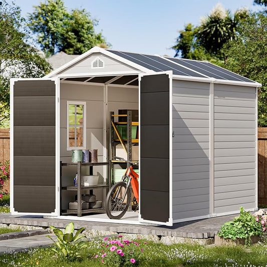 HUSFU Outdoor Resin Storage Shed 8x6 FT, Plastic Tool Shed for Bike, Garbage Can, Chicken Coop, Outside Sheds with Lockable Door for Backyard, Patio, Lawn, Light Grey
