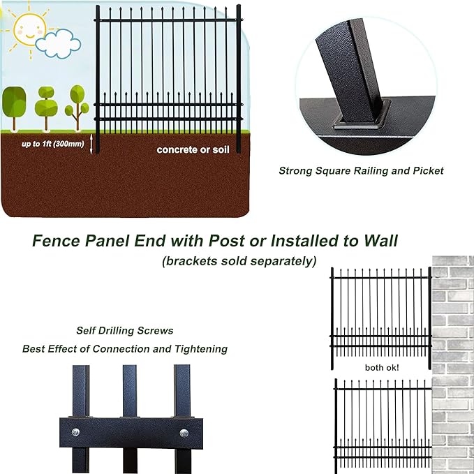 Metal Fence Panels with Dog Pickets, 6ft H x 6.5ft W Galvanized Steel Fence DIY Installation for Outdoor Garden Fence incl. 1 Fence Post, Wrought Iron Style Steel Fencing, Black (Upgraded)