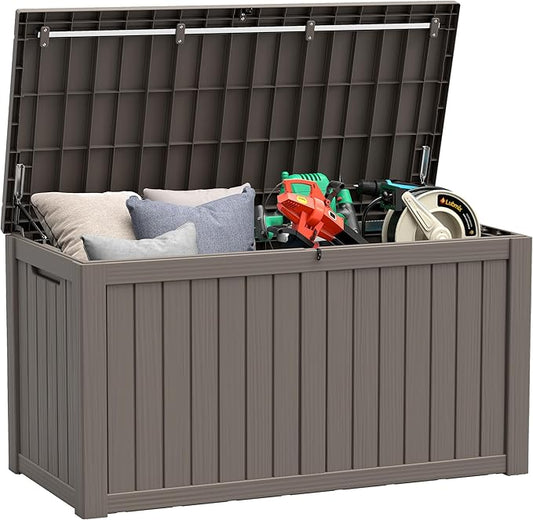 Outdoor Storage Box, Resin Deck Boxes Indoor and outdoor, Waterproof Storage Box Lockable Lid (Grey, 160 Gallon)