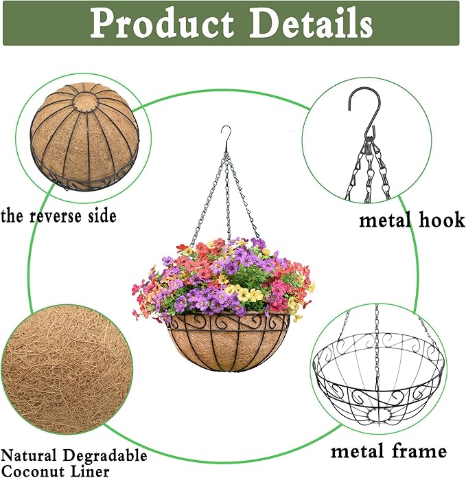 14 Inch Hanging Planters (4 Pack) - Round Metal Baskets with Cocoa Liners for Indoor/Outdoor Gardens, Porch & Patio Decor（HB）
