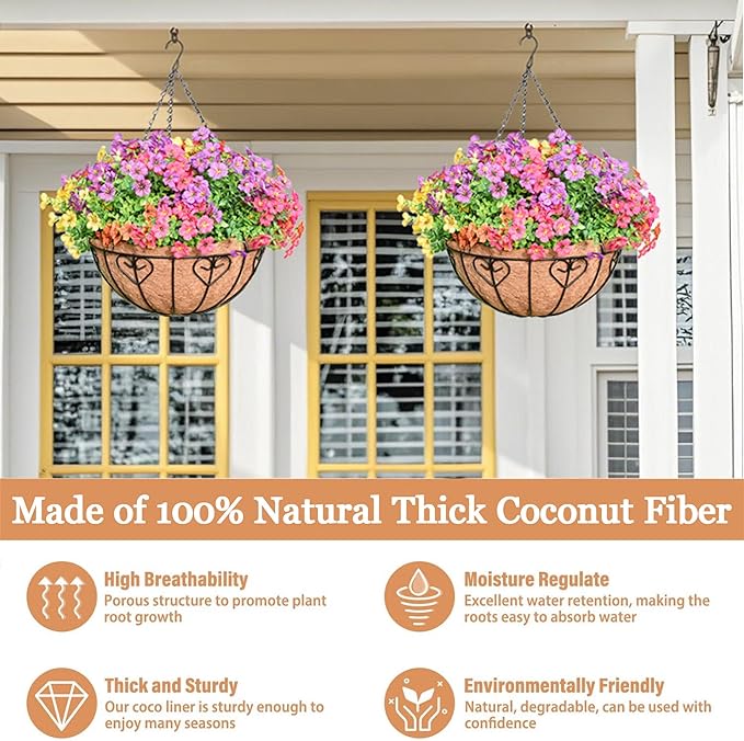 4 Pack 12 Inch Hanging Baskets for Plants Outdoor Metal Hanging Planter Basket with Coco Coir Liner Hanging Flower Baskets Hangings Flower Pots Holder for Garden, Patio(AX)