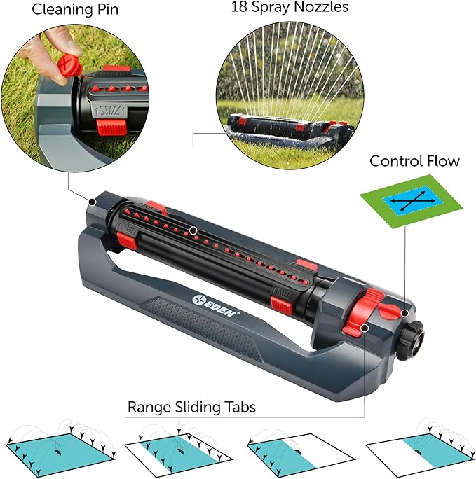 Eden 94094 Turbo Oscillating Sprinkler, Covers Up to 4,000 sq. ft., 18 Precision Nozzles, Adjustable Range and Width, Flow Control, Weighted Base, Quick Connect Starter Set