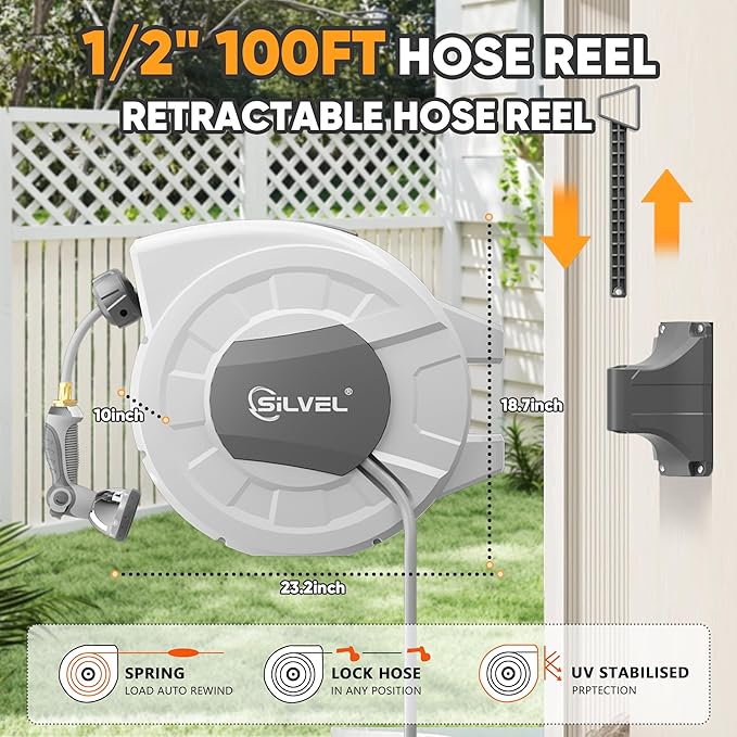 SILVEL Retractable Garden Hose Reel, 1/2 in x 100ft Wall Mount Heavy Duty Automatic Hose Reel with 10 Pattern Nozzle, Any Length Lock & Slow Return System, 180°Swivel Bracket Upgraded UV Resistant
