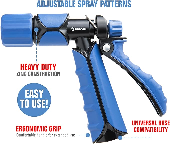 2-Pack Corvid Heavy Duty Rear Trigger Adjustable Spray Hose Nozzle – Durable Zinc Construction with Adjustable Stream Control – Ideal for Car Washing, Lawn & Garden, and Outdoor Cleaning Tasks