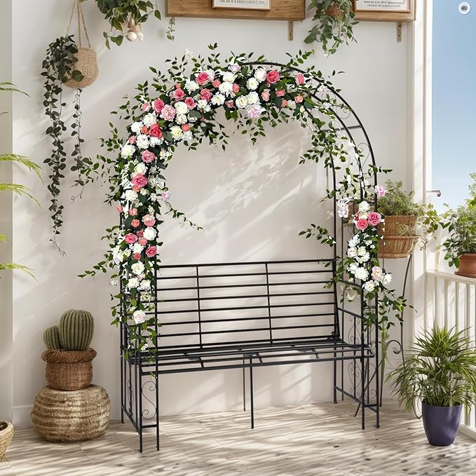 Garden Arbor with Garden Bench, 7FT Wedding Arches for Ceremony, Metal Arbor Trellis for Climbing Plants Outdoor, Black Garden Archway for Lawn, Patio and Backyard