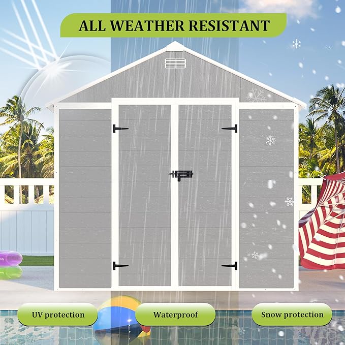 8x8 FT Resin Storage shed, Outdoor Storage Sheds with Floor, Window, Lockable Doors and Vents, 12mm Thick pp Board, Large Storage Space Tool Shed for Lawn, Backyard, Patio (Gray, 8 * 8ft)