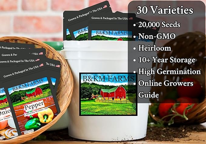 Beginner Survival Seed Vault: 20,000+ Heirloom & Non-GMO Seeds (30 Easy to Grow Varieties) by B&KM Farms