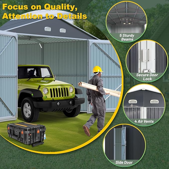 Metal Garage Shed 13x20 FT, Sheds & Outdoor Storage Clearance, Outdoor Storage Shed for Car, Truck, Bike, Lawnmower, Backyard Tool House, Boasting 2 Doors and 4 Vents, Dark Gray
