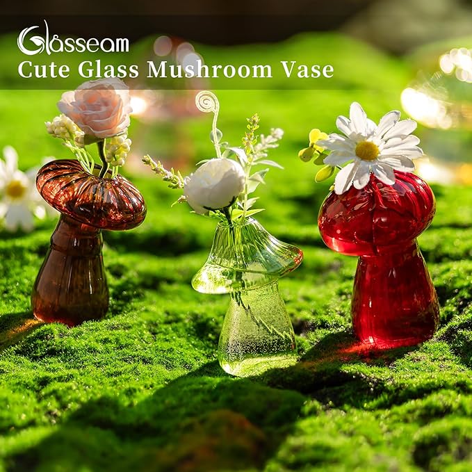 Glasseam Mushroom Plant Propagation Stations: Cute Glass Terrarium Jar Propagation Vase Set of 10 Hydroponic Planters for Home Room - Unique Colorful Mushroom Decor Gifts for Plant Lovers