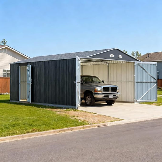 Metal Garage Shed 13x20 FT, Sheds & Outdoor Storage Clearance, Outdoor Storage Shed for Car, Truck, Bike, Lawnmower, Backyard Tool House, Boasting 2 Doors and 4 Vents, Dark Gray